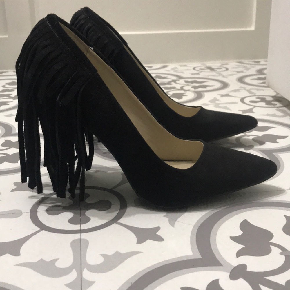 Black velvet fringe heels